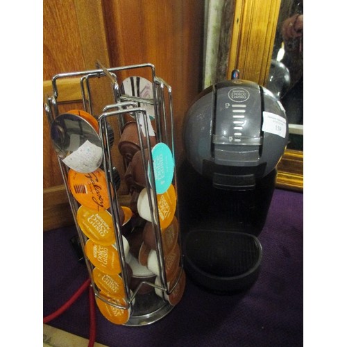 159 - NESCAFE DOLCHE GUSTO COFFEE MACHINE. TOGETHER WITH A STAND CONTAINING DOCHE GUSTO COFFEE PODS.