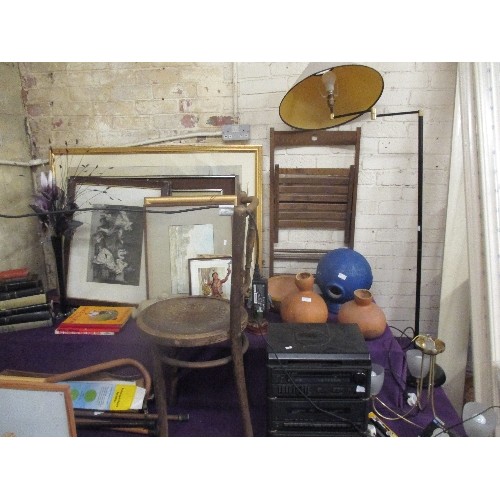 170 - LARGE LOT OF MIXED ITEMS. INCLUDES VINTAGE CHAIR, RUSTIC POTS, CEILING LIGHT, MUSIC CENTRE, FOLDING ... 