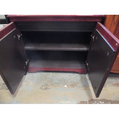 329 - RETRO HOSTESS TROLLEY, MAHOGANY CABINET, COMPLETE WITH ORIGINAL 3 GLASS PYREX LIDDED POTS.