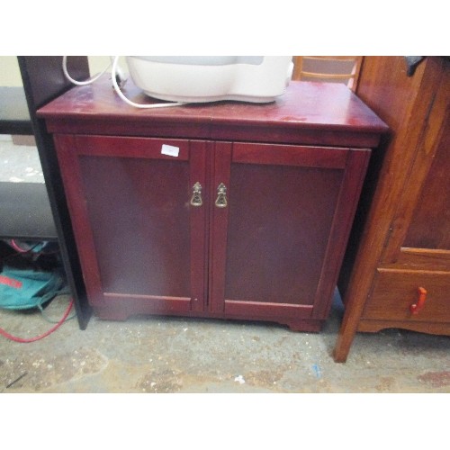 329 - RETRO HOSTESS TROLLEY, MAHOGANY CABINET, COMPLETE WITH ORIGINAL 3 GLASS PYREX LIDDED POTS.