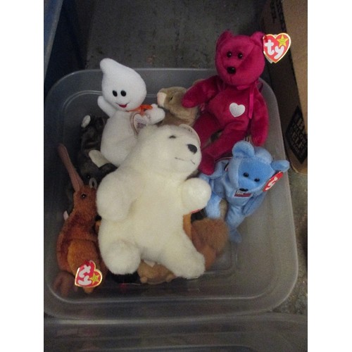 144 - LARGE COLLECTION OF BEANIE BABIES, CONTAINED IN 5 LARGE LIDDED BOXES. APPEAR NEW WITH TAGS.