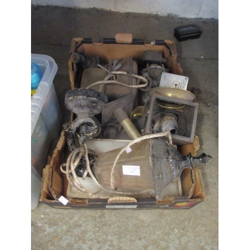 147 - BOX OF VINTAGE LIGHTS AND LIGHT FITTINGS, SOCKETS ETC.