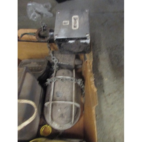 147 - BOX OF VINTAGE LIGHTS AND LIGHT FITTINGS, SOCKETS ETC.