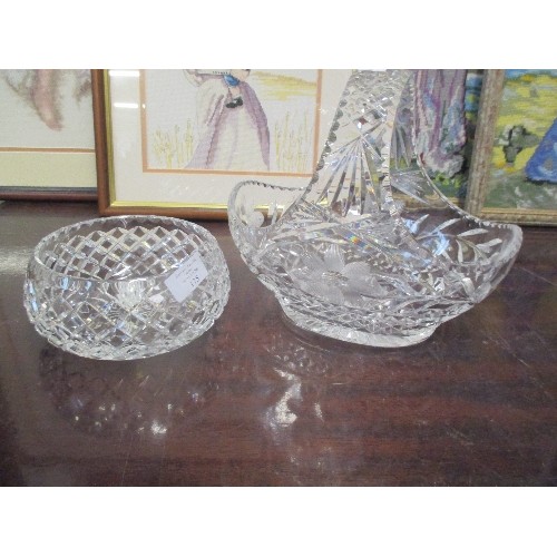 175 - HEAVY CUT GLASS STOURBRIDGE FRUIT BASKET, WITH ETCHED FLORAL PANELS. TOGETHER WITH A HEAVY CUT GLASS... 