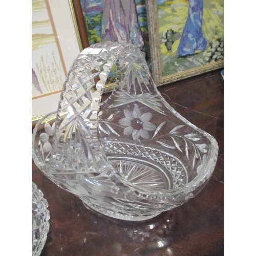 175 - HEAVY CUT GLASS STOURBRIDGE FRUIT BASKET, WITH ETCHED FLORAL PANELS. TOGETHER WITH A HEAVY CUT GLASS... 