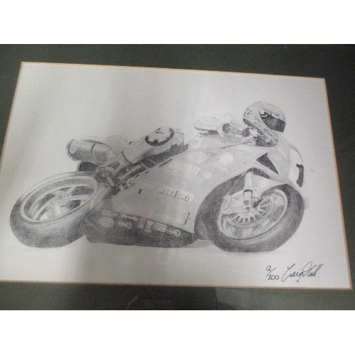 180 - A SIGNED LIMITED EDITION FRAMED PENCIL DRAWING, OF RACING MOTORCYCLIST, BY CRAIG HULL/HALL?
TOGETHER... 