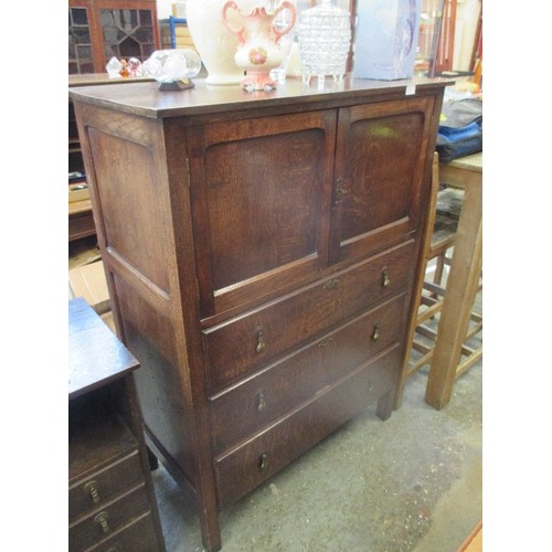 317 - 1930'S OAK TALLBOY WITH CUPBOARD AND THREE DRAWERS- PANELLED DOORS AND SIDES - 95CM W X 48D X 133CM ... 