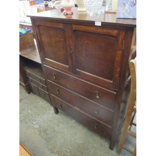 317 - 1930'S OAK TALLBOY WITH CUPBOARD AND THREE DRAWERS- PANELLED DOORS AND SIDES - 95CM W X 48D X 133CM ... 