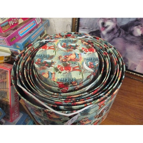 335 - SET OF 10 DECORATIVE ROUND CHRISTMAS BOXES WITH LIDS - LARGEST 34CM DIA