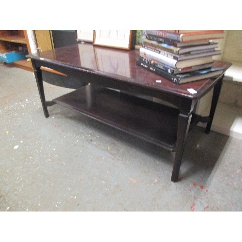 178 - LARGE DARK POLISHED WOOD COFFEE TABLE, HAS LOWER SHELF. 120CM L.