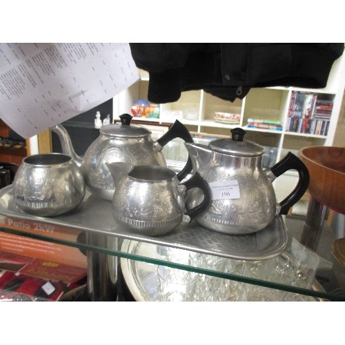 196 - SWAN BRAND CARLTON 4 PC TEA SET. TOGETHER WITH A SILVER METAL TEA TRAY.