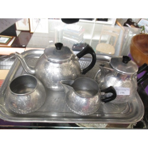 196 - SWAN BRAND CARLTON 4 PC TEA SET. TOGETHER WITH A SILVER METAL TEA TRAY.