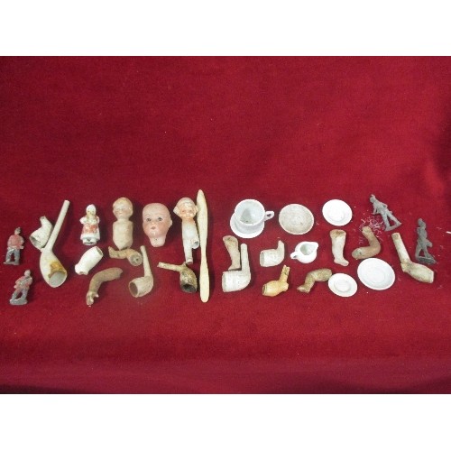 325 - TUB  OF VICTORIAN CLAY PIPES, BISQUE DOLL HEADS AND PARTS, CHRISTMAS CAKE SANTA CLAUS ETC