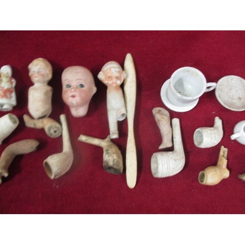 325 - TUB  OF VICTORIAN CLAY PIPES, BISQUE DOLL HEADS AND PARTS, CHRISTMAS CAKE SANTA CLAUS ETC