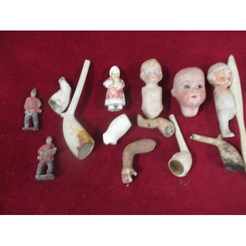 325 - TUB  OF VICTORIAN CLAY PIPES, BISQUE DOLL HEADS AND PARTS, CHRISTMAS CAKE SANTA CLAUS ETC