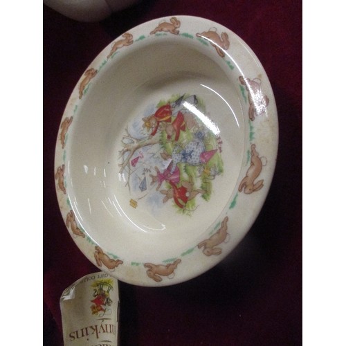 4 - 4 PIECES OF DOULTON BUNNYKINS CHINA INCLUDING A TEAPOT, CHILDS PLATE, JUG AND BOWL -WITH A GIFT COLL... 