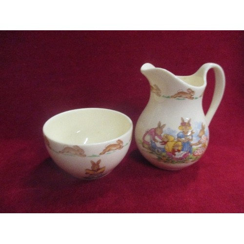 4 - 4 PIECES OF DOULTON BUNNYKINS CHINA INCLUDING A TEAPOT, CHILDS PLATE, JUG AND BOWL -WITH A GIFT COLL... 