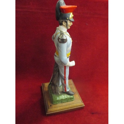 6 - PORCELAIN FRENCH SOLDIER FIGURE ON WOODEN BASE - 30CM