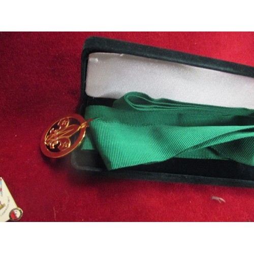 23 - GILT SCOUT MEDAL ON GREEN SASH AND A BOX OF STUDS INC TOTTENHAM HOTSPUR, COMIC RELIEF, RED NOSE DAY ... 