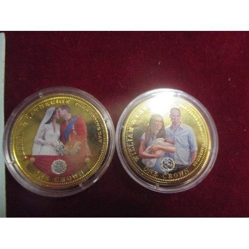 32 - A SET PF 3 TDC 24CT GOLD PLATED WILLIAM AND CATHERINE 2013 CROWN COINS AND A 2006 TDC QUEEN ELIZABET... 