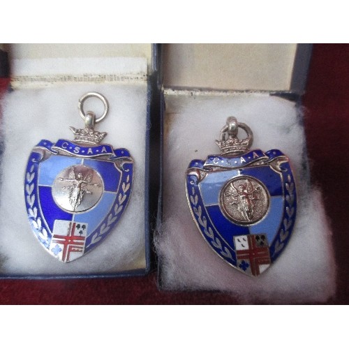 21 - TWO STERLING SILVER AND ENAMEL FOB MEDALS FOR THE CIVIL SERVICE ARCHERY ASSOCIATION BY THOMAS FATTOR... 