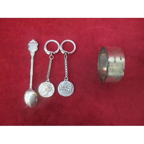 20 - ITEMS OF SILVER INCLUDING AN ENGINE TURNED NAPKIN RING BIRM 1954, AN 800 SILVER & ENAMEL SOUVENIR SP... 