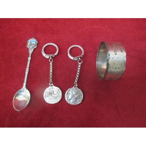 20 - ITEMS OF SILVER INCLUDING AN ENGINE TURNED NAPKIN RING BIRM 1954, AN 800 SILVER & ENAMEL SOUVENIR SP... 