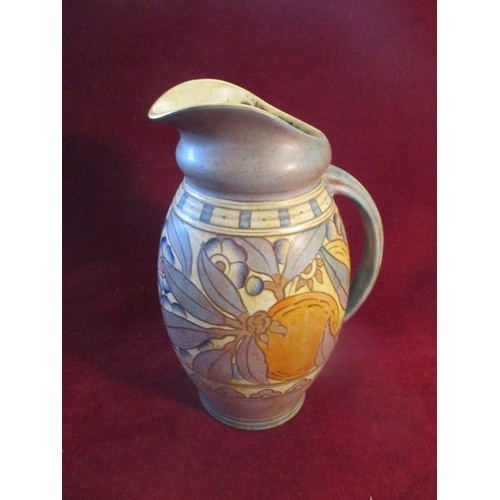 2 - AN ART DECO CHARLOTTE RHEAD BURSLEY WARE JUG DECORATED WITH FRUIT AND FLOWERS - 23CM