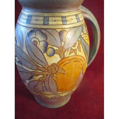 2 - AN ART DECO CHARLOTTE RHEAD BURSLEY WARE JUG DECORATED WITH FRUIT AND FLOWERS - 23CM