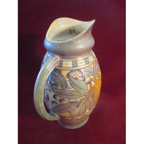 2 - AN ART DECO CHARLOTTE RHEAD BURSLEY WARE JUG DECORATED WITH FRUIT AND FLOWERS - 23CM