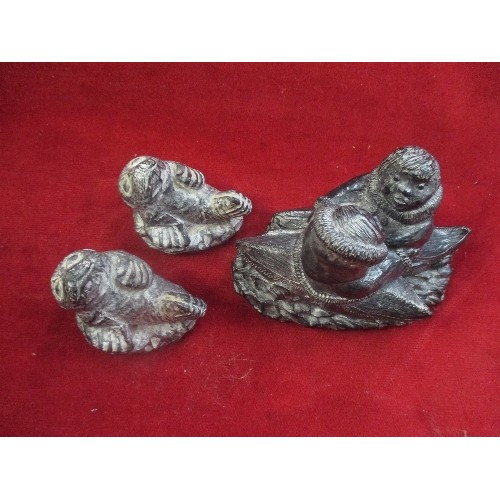 39 - 3 BY WOLF ORIGINAL HAND-MADE SOAP STONE SCULPTURES. CANADIAN. INCLUDES 2 X INUITS IN BOATS, AND A PA... 