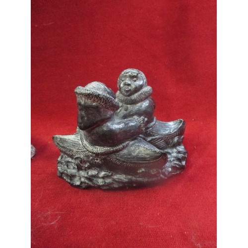 39 - 3 BY WOLF ORIGINAL HAND-MADE SOAP STONE SCULPTURES. CANADIAN. INCLUDES 2 X INUITS IN BOATS, AND A PA... 