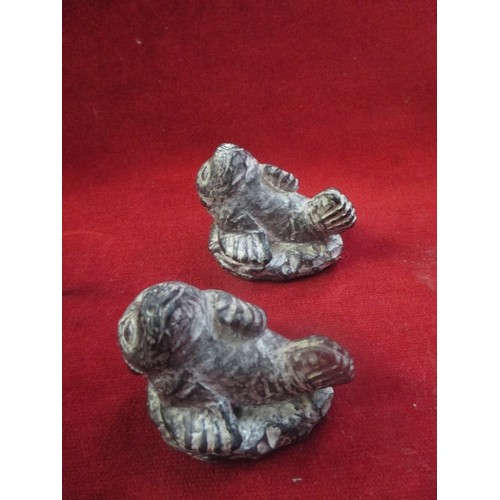 39 - 3 BY WOLF ORIGINAL HAND-MADE SOAP STONE SCULPTURES. CANADIAN. INCLUDES 2 X INUITS IN BOATS, AND A PA... 