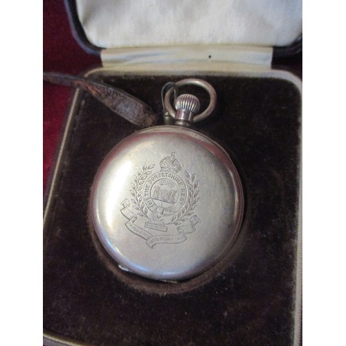 12 - SILVER MILITARY WORKING POCKET WATCH  ENGRAVED ON BACK THE DORSETSHIRE REGT  MADE & SIGNED BY J. W. ... 