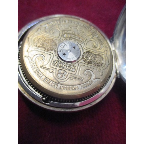 12A - A SILVER POCKET WATCH BY JOURS ANCRE HEBDOMAS PATENT 8 DAY SPIRAL BREGUET LEVEES VISIBLES SWISS HALL... 