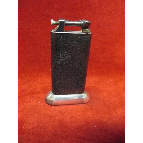 15 - VINTAGE DUNHILL SILVER & LEATHER LIFT ARM CIGARETTE TABLE LIGHTER