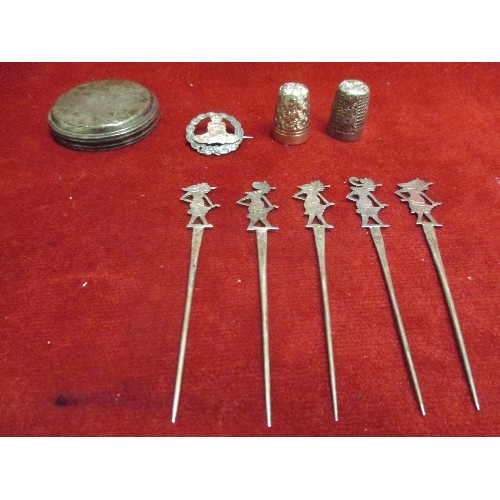 15A - LOT OF SILVER ITEMS THAI SHADOW PUPPETS COCKTAIL STICKS POT LID SWEET HEART BROOCH THIMBLE