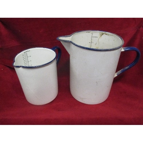 502 - 2 VINTAGE TIN ENAMEL JUGS, 8 PINT AND 4 PINT