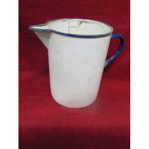 502 - 2 VINTAGE TIN ENAMEL JUGS, 8 PINT AND 4 PINT