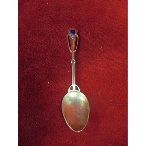 44 - AN ART NOUVEAU FRENCH SILVER TEASPOON WITH BLUE ENAMEL - MARKED DEPOSE AND WITH SILVER MARK WHICH IS... 