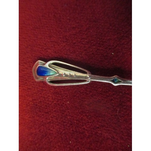 44 - AN ART NOUVEAU FRENCH SILVER TEASPOON WITH BLUE ENAMEL - MARKED DEPOSE AND WITH SILVER MARK WHICH IS... 