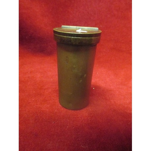 35A - AN  INTERESTING EARLY 20TH CENTURY CHINESE BRASS CONTAINER  - THE HINGED LID HAS CHINESE CHARACTERS ... 