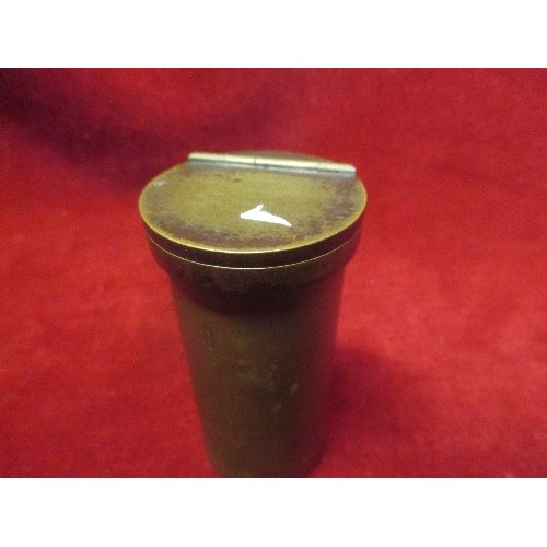 35A - AN  INTERESTING EARLY 20TH CENTURY CHINESE BRASS CONTAINER  - THE HINGED LID HAS CHINESE CHARACTERS ... 