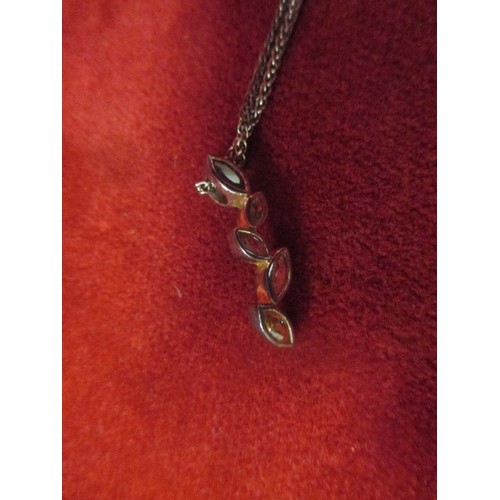 51B - A SILVER NECKLACE WITH A A LEAF DROP PENDANY WITH 5 COLOURED STONES. CHAIN AND PENDANT MARKED 925. A... 