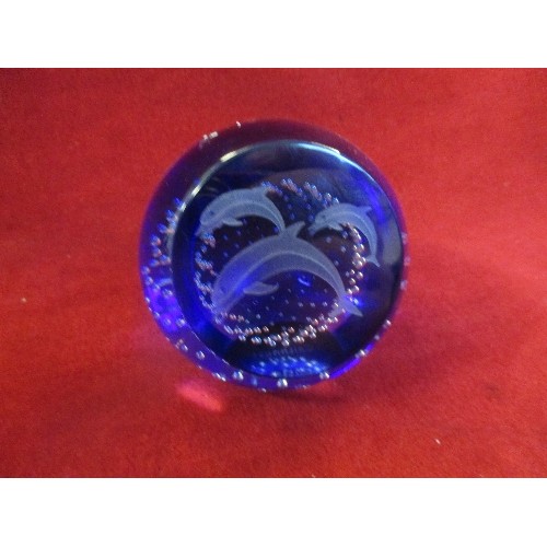 68 - A CAITHNESS BLUE DOLPHIN PAPERWEIGHT WITH ETCHED MARK TO BASE AND A GLASS DOLPHIN ORNAMENT