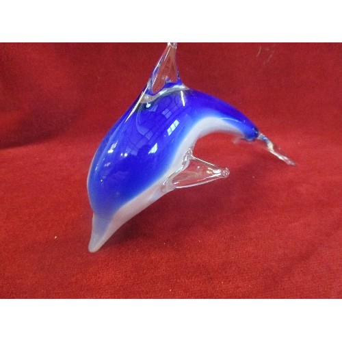 68 - A CAITHNESS BLUE DOLPHIN PAPERWEIGHT WITH ETCHED MARK TO BASE AND A GLASS DOLPHIN ORNAMENT