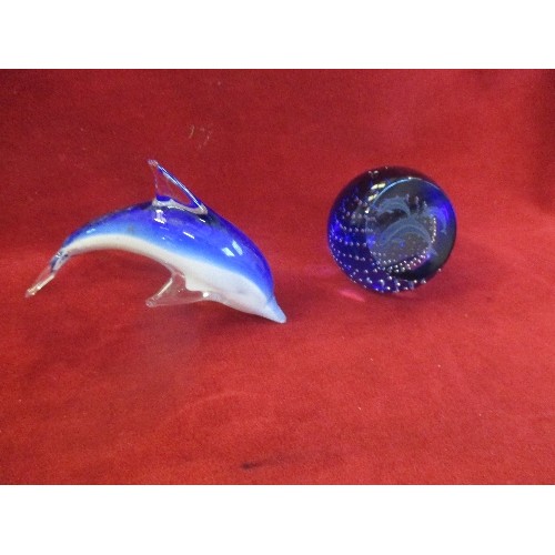 68 - A CAITHNESS BLUE DOLPHIN PAPERWEIGHT WITH ETCHED MARK TO BASE AND A GLASS DOLPHIN ORNAMENT