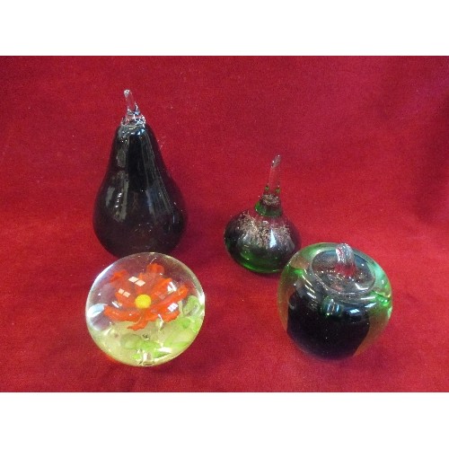 69 - 4 GLASS PAPERWEIGHTS INCLUDING A PEAR AND AN APPLE