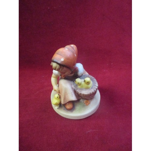 71 - GOEBEL HUMMEL[WEST GERMANY] PORCELAIN FIGURE, OF GIRL IN HEADSCARF, FEEDING CHICKS.