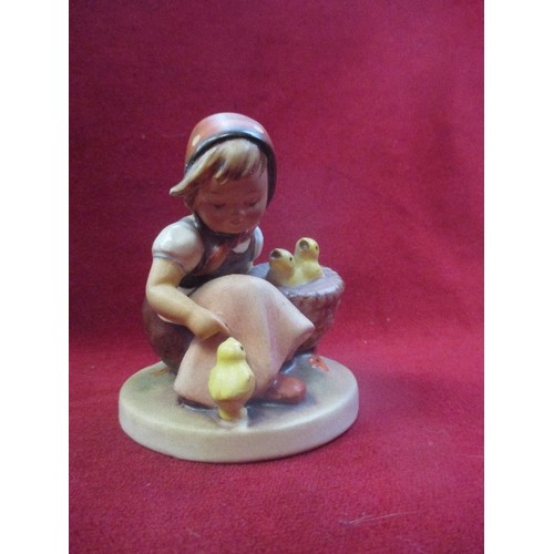 71 - GOEBEL HUMMEL[WEST GERMANY] PORCELAIN FIGURE, OF GIRL IN HEADSCARF, FEEDING CHICKS.